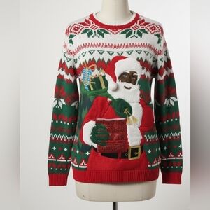 Ugly Christmas Sweater Santa Claus African American 3D Appliqué Knit Acrylic XL